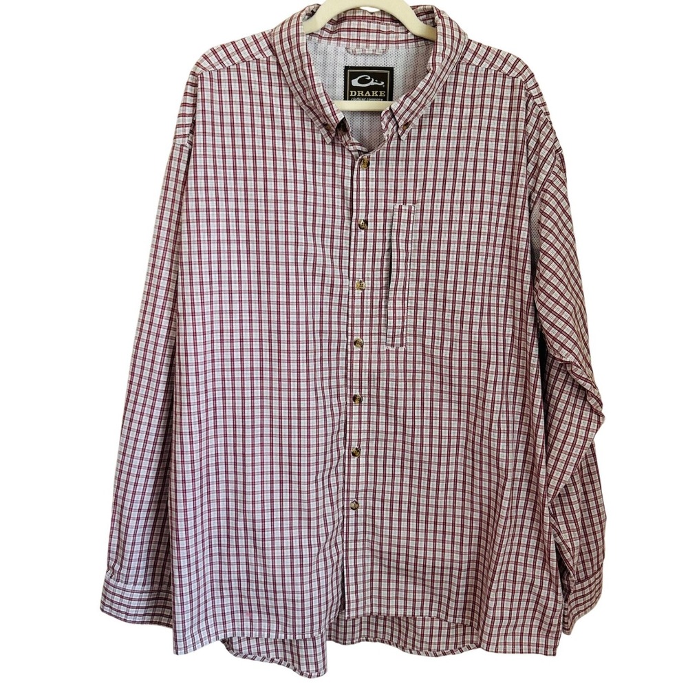 Drake Waterfowl Mens Red White Plaid Ventilated Fishing Shirt XL Long Sleeve